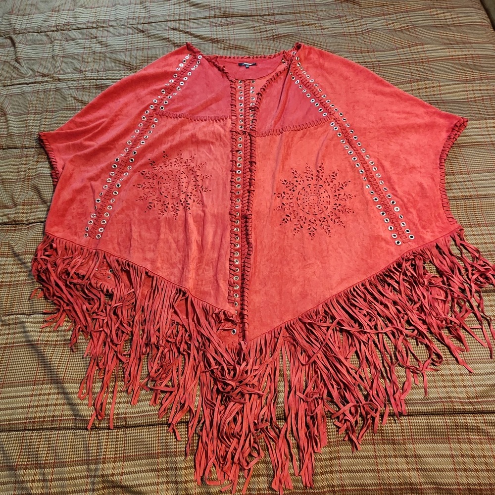 Tesoro Moda Faux Suede Fringe Poncho Lace Up Laser Cut Boho Rust Red Plus 1X 2X